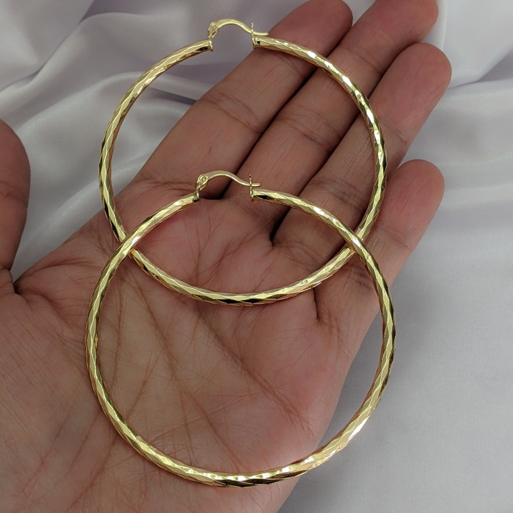 Hoop Earrings 18K Gold Filled Diamond Cut Hoop Earrings 70mm Will not tarnish